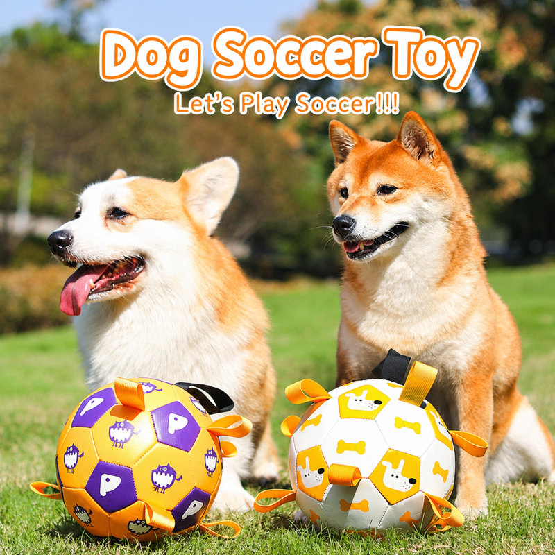 Ballon de soccer pour chien avec sangles - jouet interactif de 5,9 po et 7,5 po avec poignée, TPU durable, conception flottante et imperméable, pour petits et grands chiens (3 motifs)