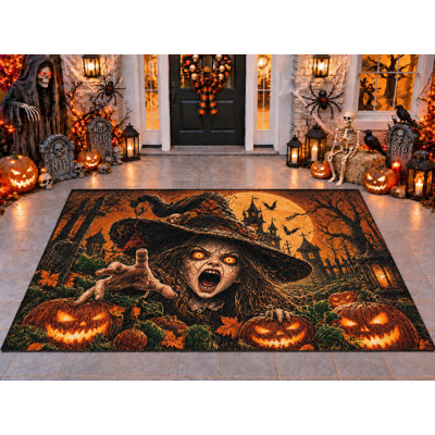 Tapis d'extérieur 5' x 7' motif sorcière hurlante d'Halloween, épais, solide, imperméable, en PVC bouclé, tapis de patio résistant, tapis d'intérieur/extérieur à séchage rapide pour porche, terrasse, balcon, entrée.