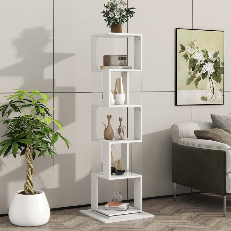 Bibliothèque rotative multifonctionnelle, support de plancher avec plaque en acrylique, Blanc