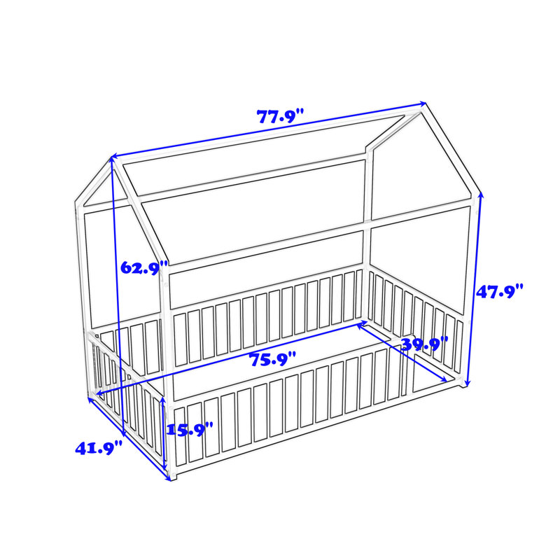 Metal Floor Bed With Safety Fence, Twin, White
