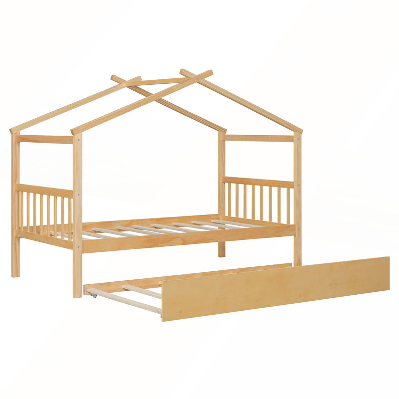 Twin Size Wooden House Bed with Trundle, Natural Finish for Extra Sleeping Space and Stylish Room Decor
