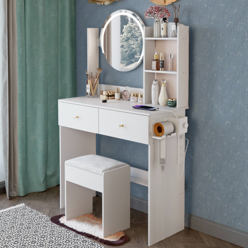 Table de meuble-lavabo ronde à DEL 17 po avec tabouret rembourré, Blanc