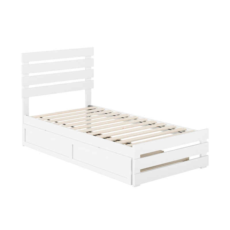 Jaqson Premium Wood Farmhouse Platform Bed with Matching Footboard & Roll Out Trundle, White, Twin