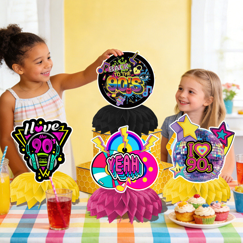90s Birthday Party Supplies, 12 Pcs 90s Honeycomb Centerpieces for Table Decoration Set