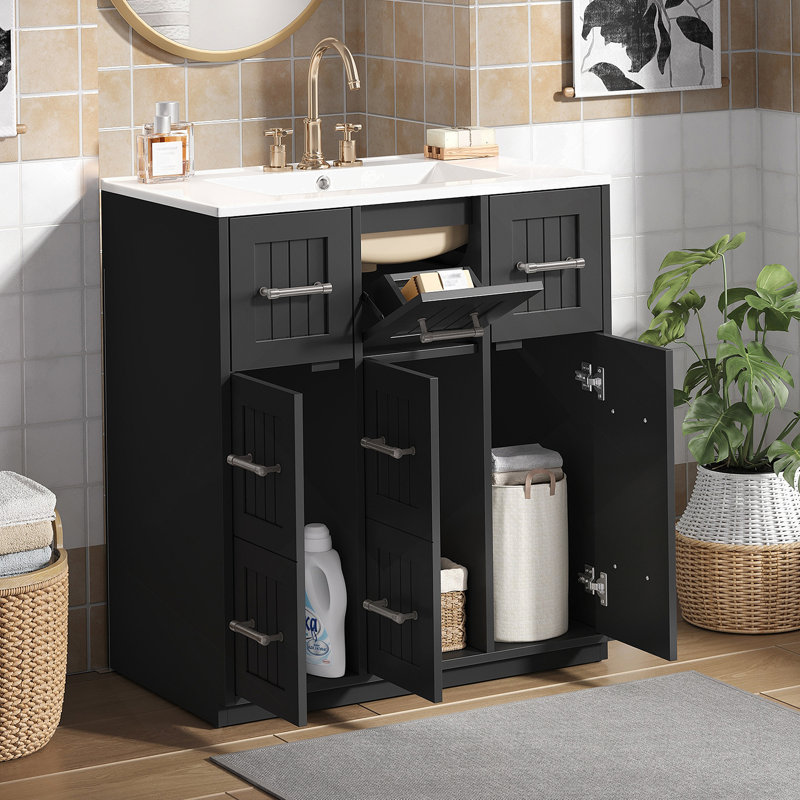 Meuble-lavabo de 30 po avec lavabo encastré et tiroirs, surface peinte, portes à fermeture en douceur, armoire de salle de bain avec tiroir basculant
