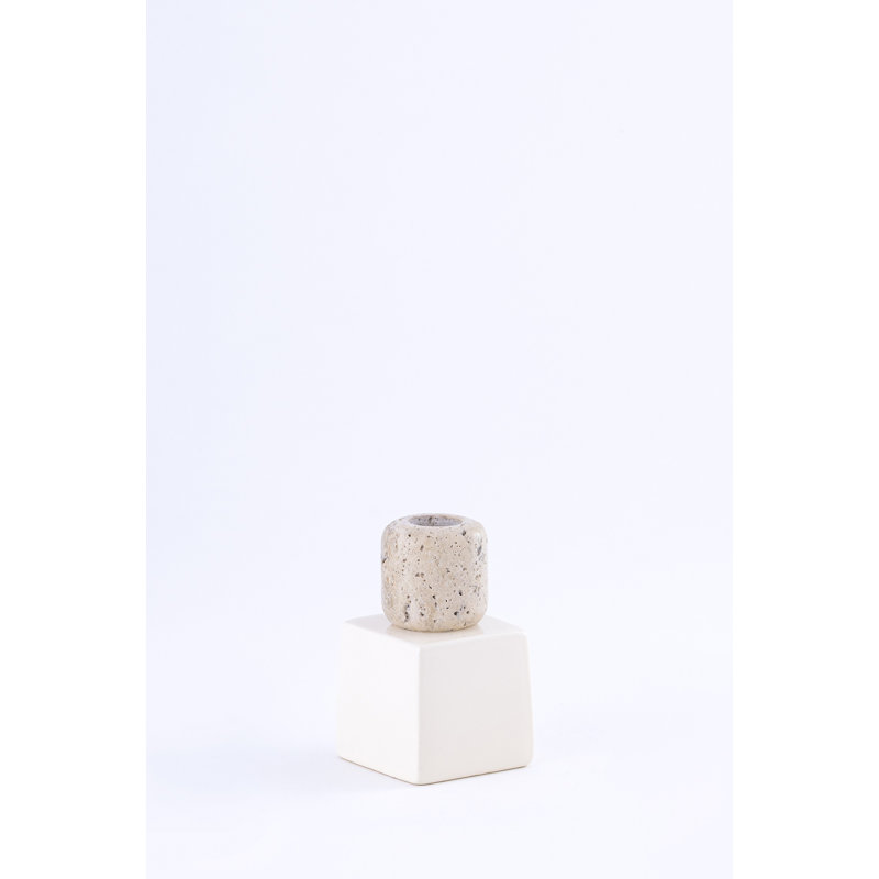 Candle Holder Stone & Metal Base, White