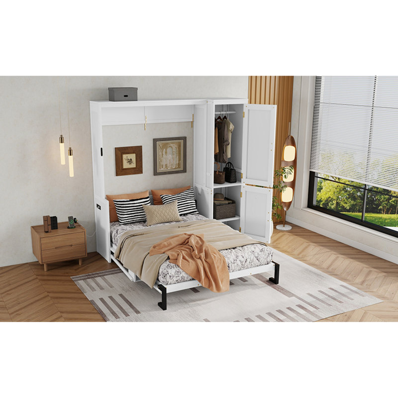 Lit escamotable en bois peu encombrant avec station de charge, blanc moderne