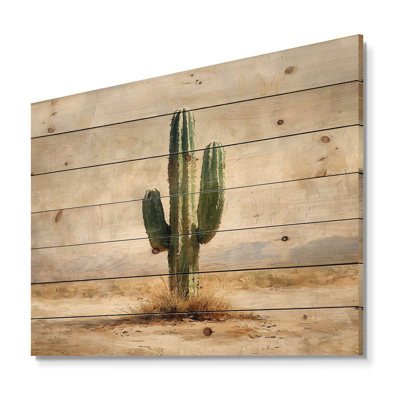 Cactus dans le désert V - Décoration murale en bois de cactus floral - sur bois de pin naturel, H 24 po x l 32 po x P 0,78 po