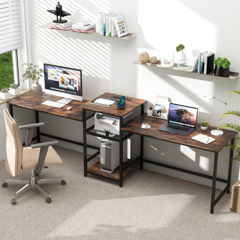 Bureau d'ordinateur pour 2 personnes avec prise de courant et support pour imprimante