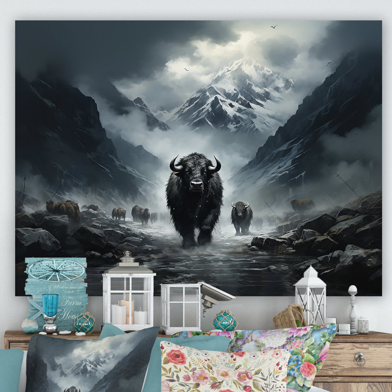 Minimalisme, yaks noirs, impression sur toile, Toile tendue, 34" H x 44" W