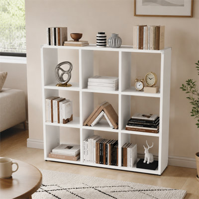 Bibliothèque en métal blanc à 9 cubes avec rangement ouvert 3x3, montage facile sans outil, idéale pour le salon, la chambre et le bureau à domicile.
