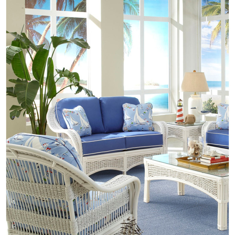 Causeuse à accoudoirs évasés de 61 po Regatta avec coussins réversibles, Indigo glamour