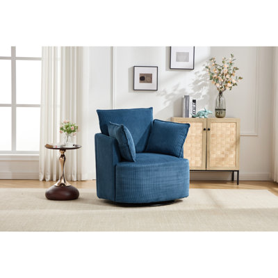 Fauteuil pivotant rond à 360° bleu, structure robuste en bois massif et métal, idéal pour un coin lecture ou un bureau, profondeur 34,51 cm, largeur 31,83 cm, hauteur 35,64 cm, pivotement sur toute la longueur, piètement en cadre, convient pour une chambre d'enfant.