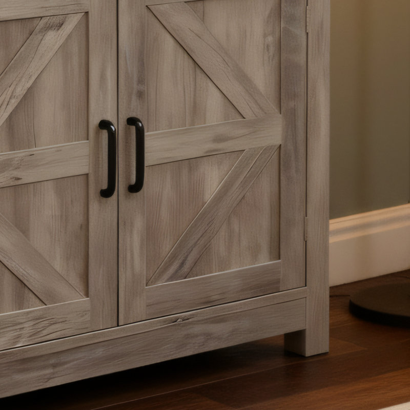 Brown Washed Wood Barn Door Storage Cabinet With Drawers, Suitable For Storage And Décor In Kitchens And Living Rooms., Brown