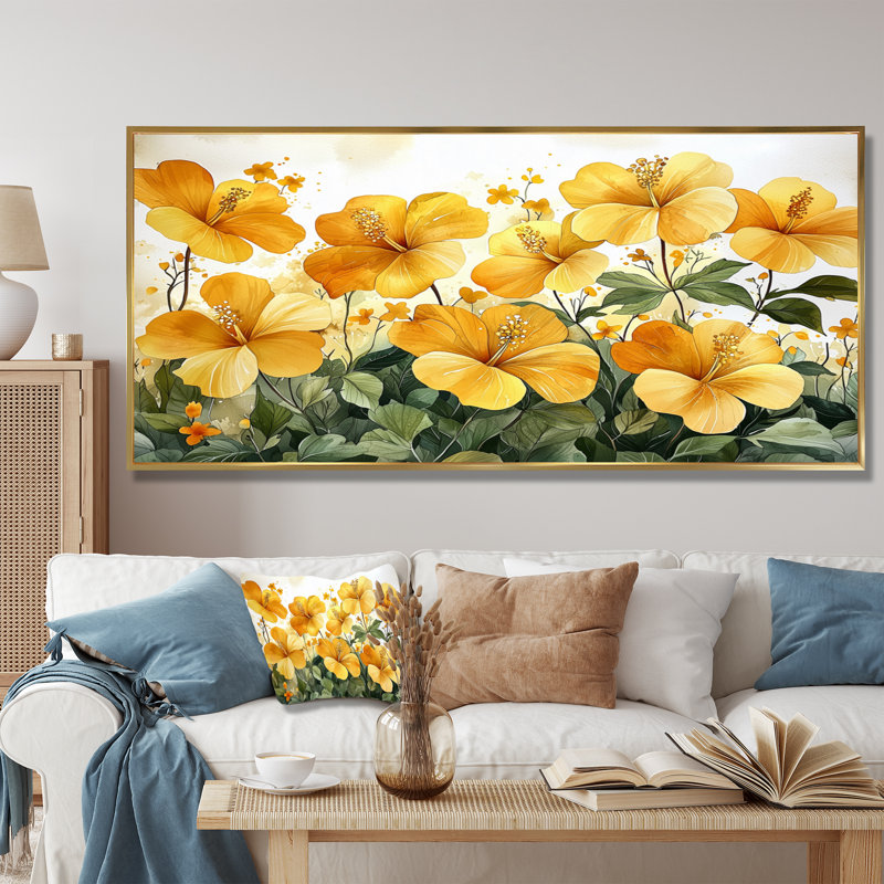 Été, lueur dorée d'hibiscus III - Hibiscus, art mural, H 28 po x l 60 po, Impression encadrée flottante, Doré