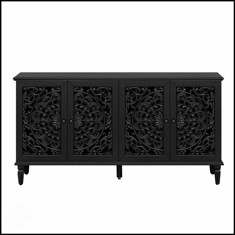 Élégante armoire buffet antique avec sculptures florales, pieds en bois massif, poignées en laiton antique et tablettes réglables pour un rangement polyvalent et un meuble télé