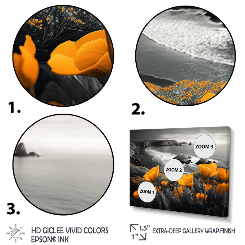 «Yellow Flowers by the Coast II», reproduction sur toile, H 12 po x l 20 po x P 1 po, Toile avec cadre flottant noir