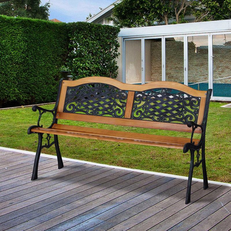 50" Outdoor Garden Bench, Wood Slat Seat With Metal Legs, Classic For Backyard, Deck, Lawn, Poolside, Natural Color Patio Bench Seat, Breathable Garden, Porch, Outside Pool, -like Look