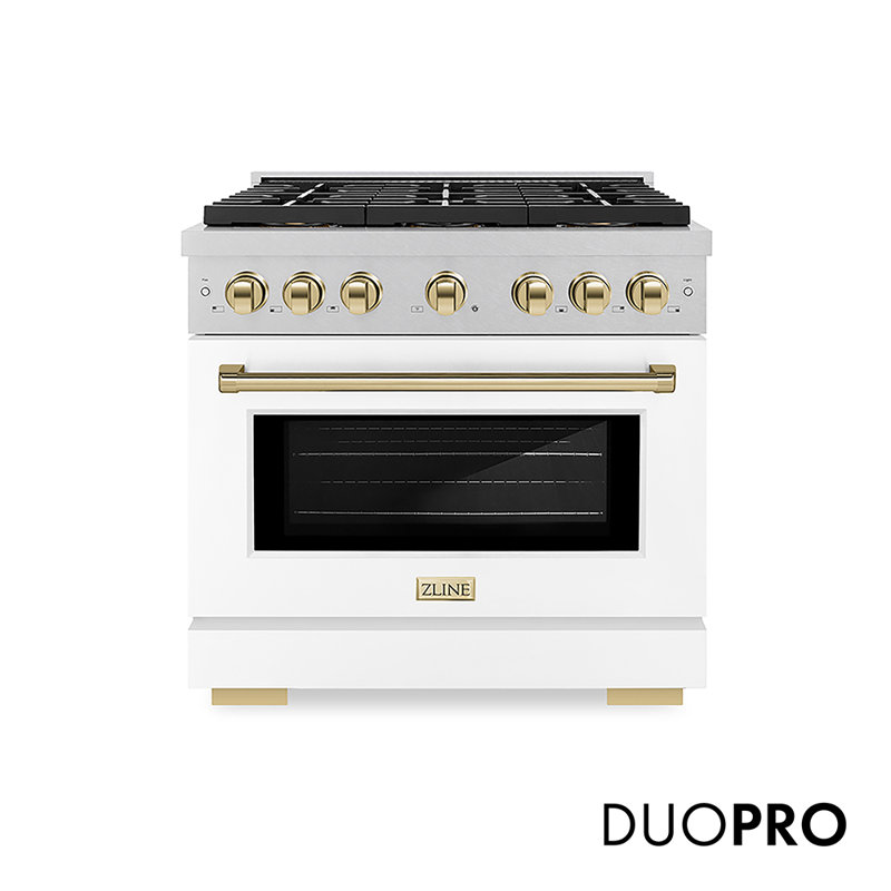 ZLINE Autograph Edition 36 in. 5.2 cu. ft. Paramount Dual Fuel Range W/ 6 Burner DuoPro Cooktop and Electric Convection Oven in Satin Stainless Steel W/ White Matte Door and Champagne Bronze Accents