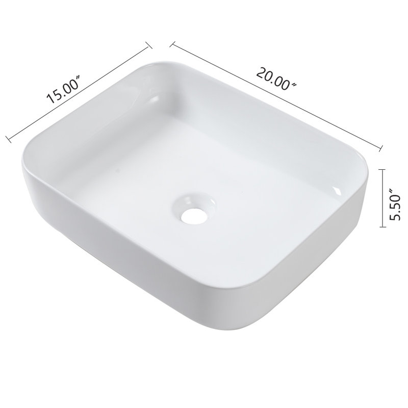 20" x 15" Bathroom Vessel Sink White Ceramic Rectangle Vessel Sink Above Counter Vessel Sink