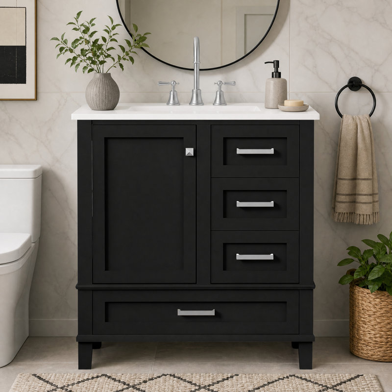 Meuble-lavabo autoportant de 76 cm (30 po) avec lavabo en céramique et tiroirs de rangement, noir, Noir, 30 po