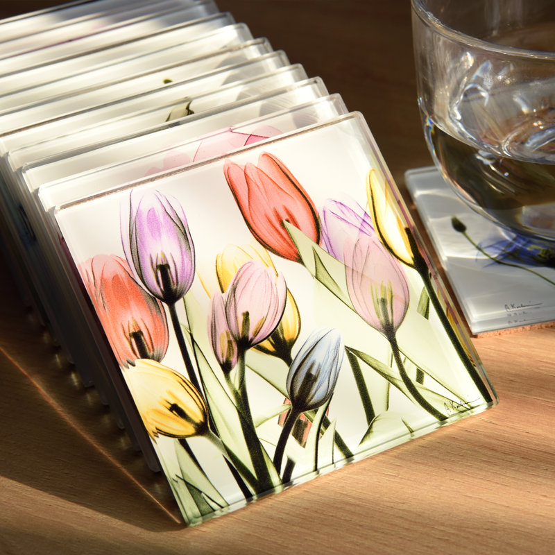 Sous-verres en verre trempé avec fond en liège Lovely Flowers - ensemble de 12 fleurs