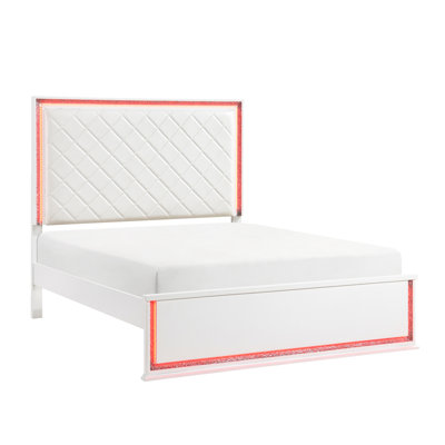 Contemporary White Queen Bed With Faux Leather Headboard, 8 - Color Led And Rails For Bedroom Refresh Modern Finish Diamond Stitched System Included Controller