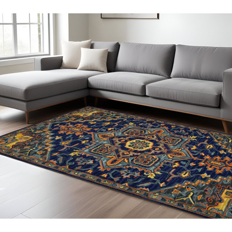 Tapis touffeté à la main 8 pi x 10 pi bleu sarcelle et rouge brique