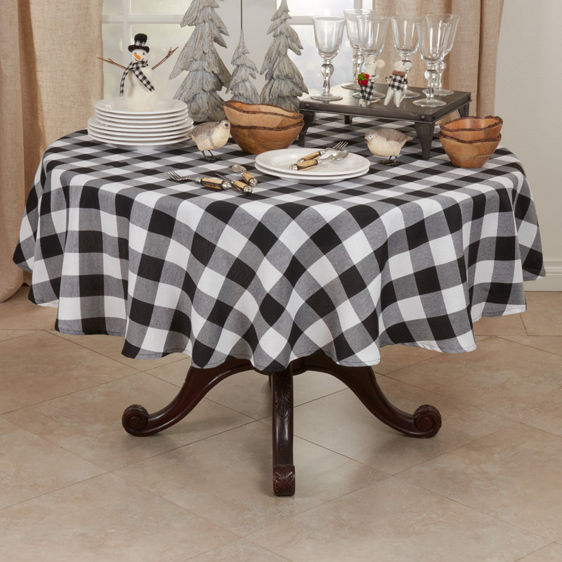 Esmiralda Plaid Cotton Blend Round Tablecloth, Black/White