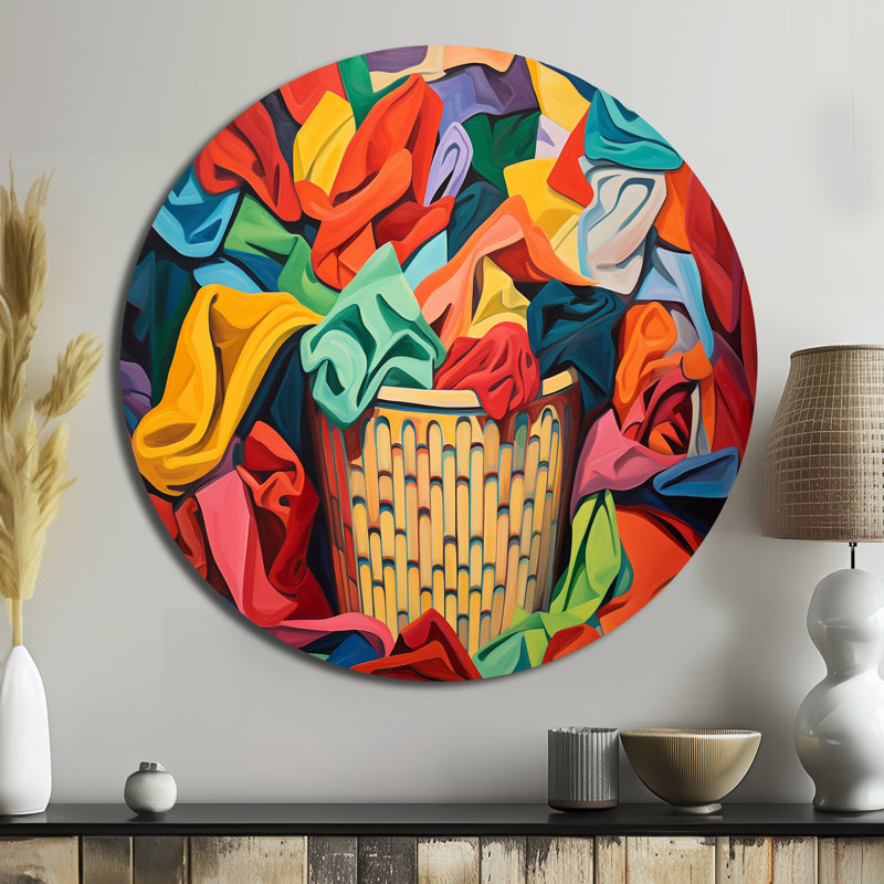 Panier à linge multicolore I - Illustration ronde en métal, H 16 po x l 16 po