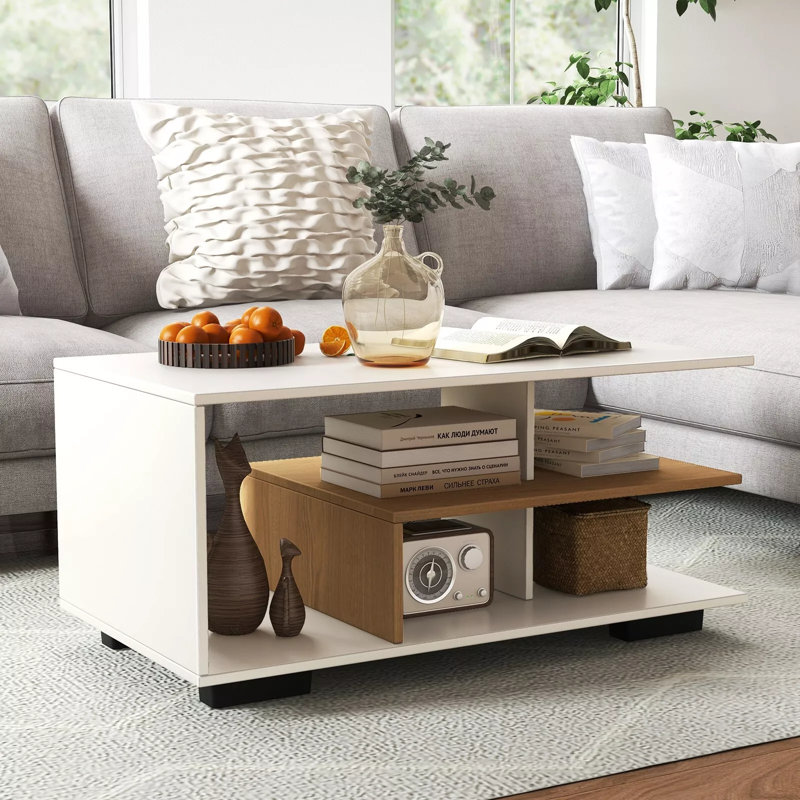 Farnum Four Leg Coffee Table with Storage, White/Brown, White