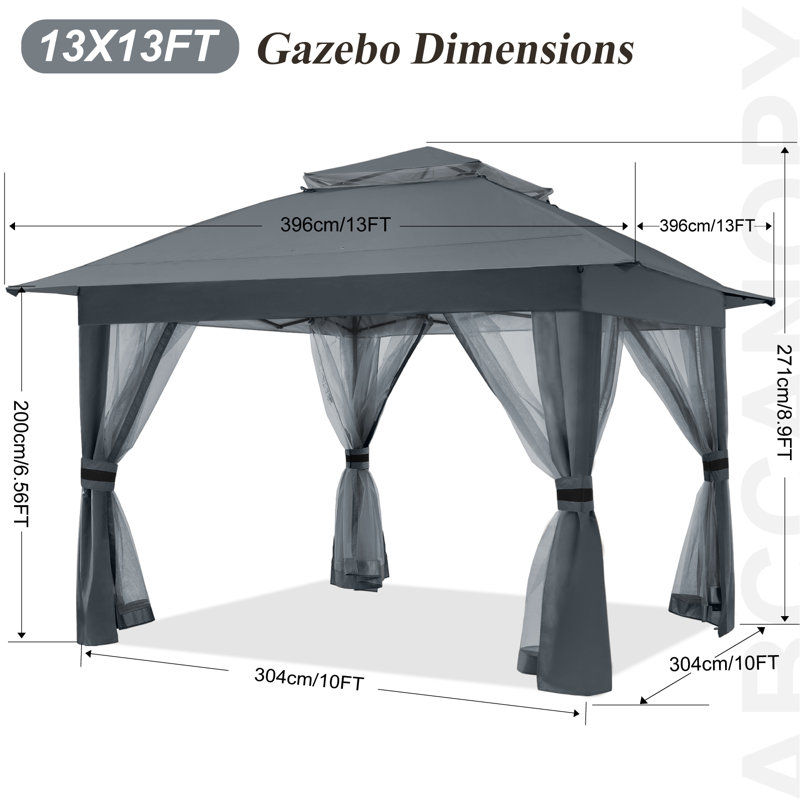 Pavillon de jardin en acier, H 108 po x l 146 po x P 146 po, Gris