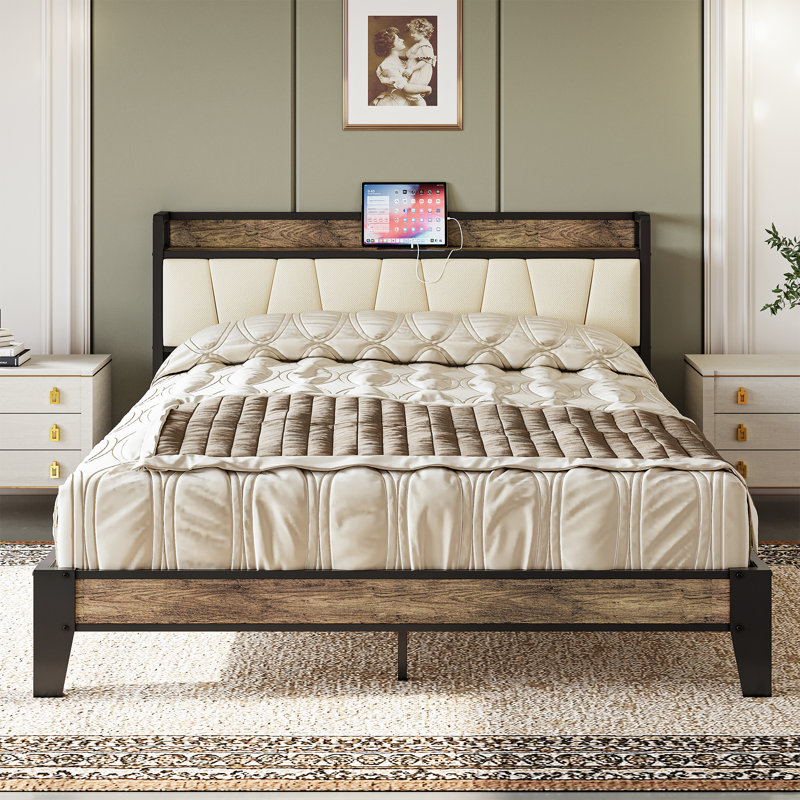 Upholstered Linen Bookcase Bed with Shelves, Queen