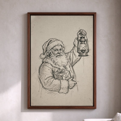 Père Noël, dessin au crayon noir, toile murale encadrée noire, 16 po x 24 po, décoration murale moderne pour le salon et la chambre à coucher