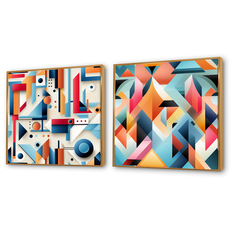Eclectic Geometric Diversity III - ensemble de 2 collages carrés à formes abstraites, H 16 po x l 33 po, Cadre flottant doré