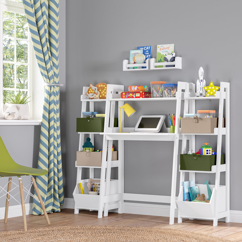 RiverRidge Kids 4-Tier 13in Ladder Shelf Toy Organizer and Book Storage with 3 Open Display Shelf - White with 2 Half Size Fabric Bins