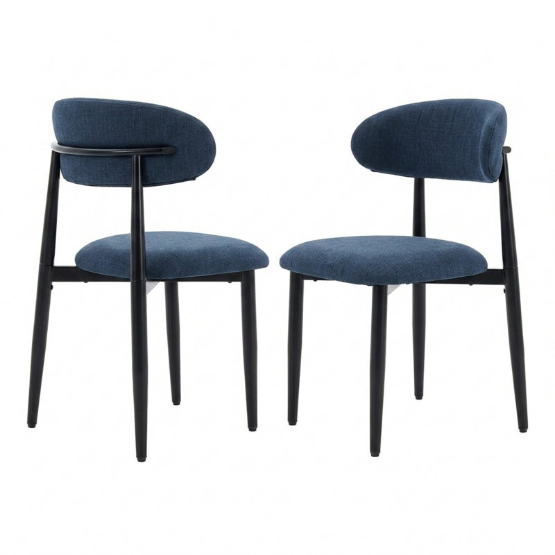 Ensemble de 2 chaises de salle à manger gain de place, lin bleu marine et métal, cuisine de style ferme moderne
