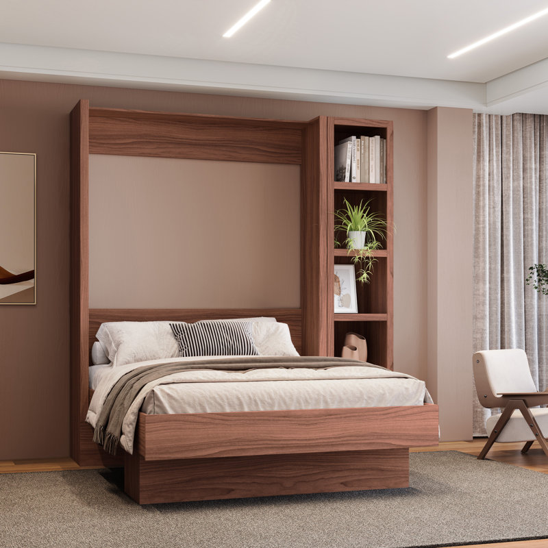Easy-Lift Murphy Wall Bed with Bookshelf, Brown, Full/Double