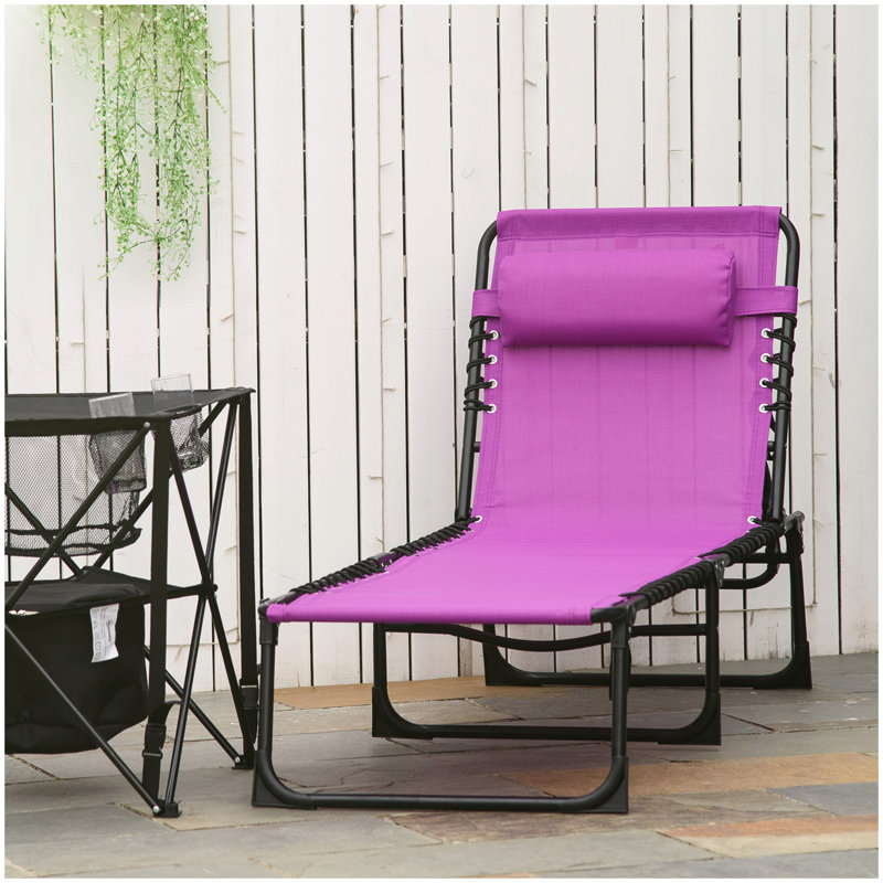 Outsunny Folding Chaise Lounge Pool Chair, Patio Sun Tanning Chair, Outdoor Lounge Chair w/ 4-Position Reclining Back, Pillow, Breathable Mesh & Bungee Seat for Beach, Yard, Patio, Purple