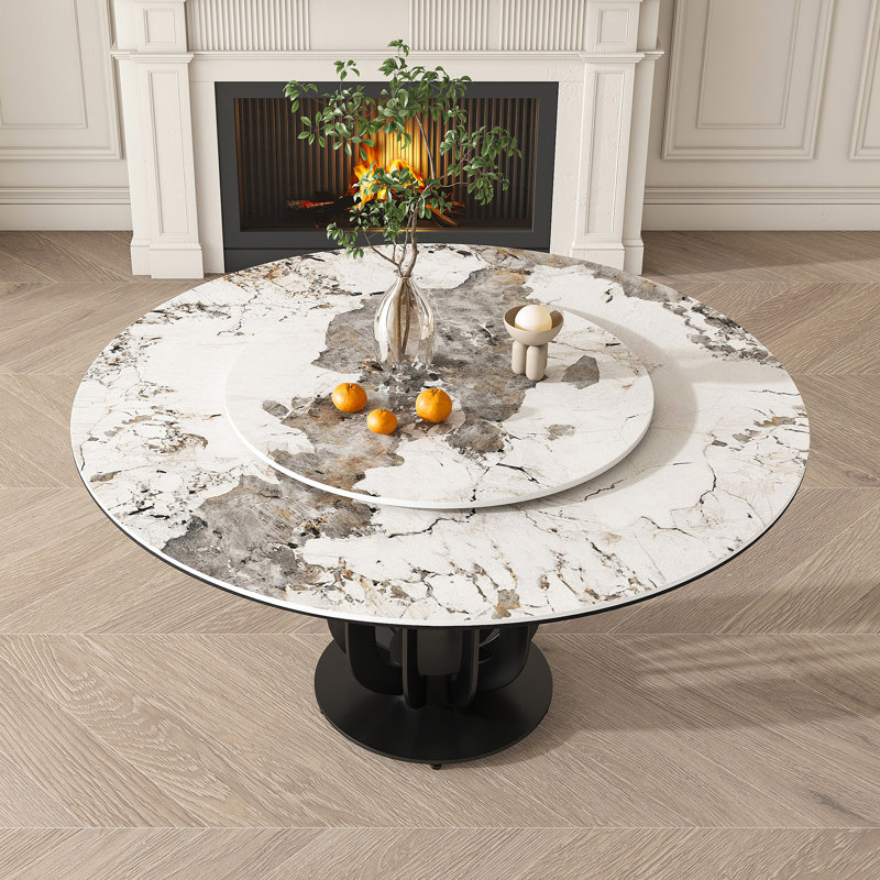 Table de salle à manger ronde en fritté de 53 po avec base en acier au carbone noir et plateau tournant de 31,5 po pour la cuisine et la salle à manger (4 chaises)