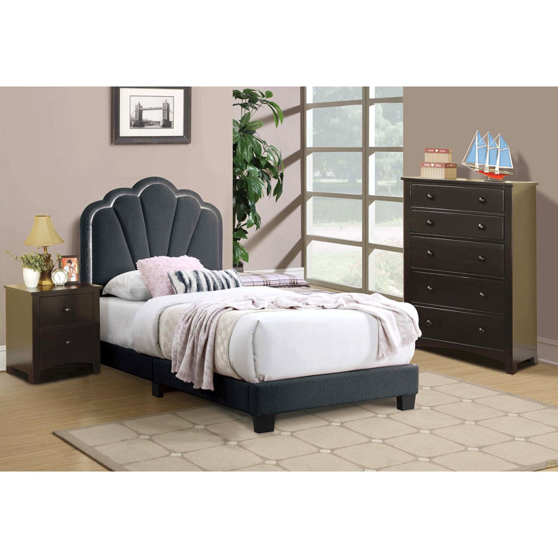 Lit simple en tissu de laine gris anthracite avec motif floral et tête de lit à plateforme entièrement rembourrée, Lit simple