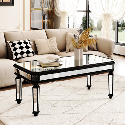 Rectangle Glass Mirrored Coffee Table With Black Vintage Details, Ideal For Living Room And Office Use, 24" D X 48" W 18" H, Build Silver Rectangular Design Elements, Great Decor, 23.6" 18.5" Well -