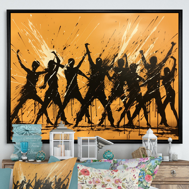 African Zulu Dance I - Art mural tribal africain, Cadre flottant noir, H 30 po x l 40 po x P 1,5 po