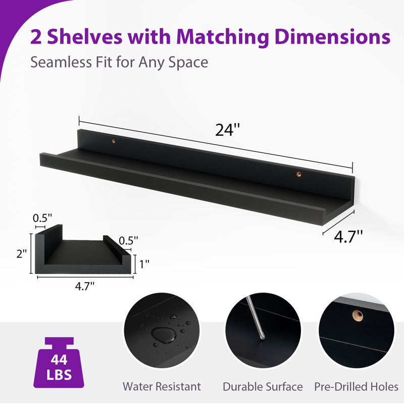 Tablette murale 2 pièces Darlicia, H 2 po x l 24 po x P 4,7 po, Noir
