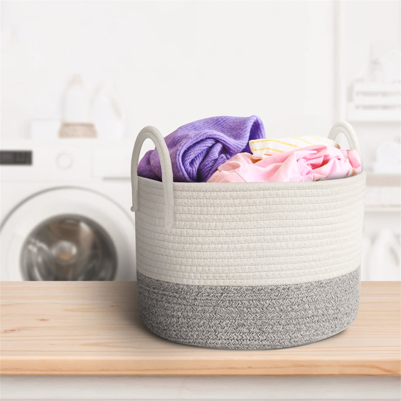Fabric Laundry Basket with Handles, Grey/White