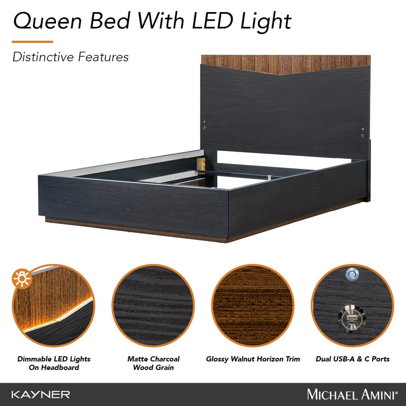 Kayner Bed With LED Lights - Charcoal, Queen