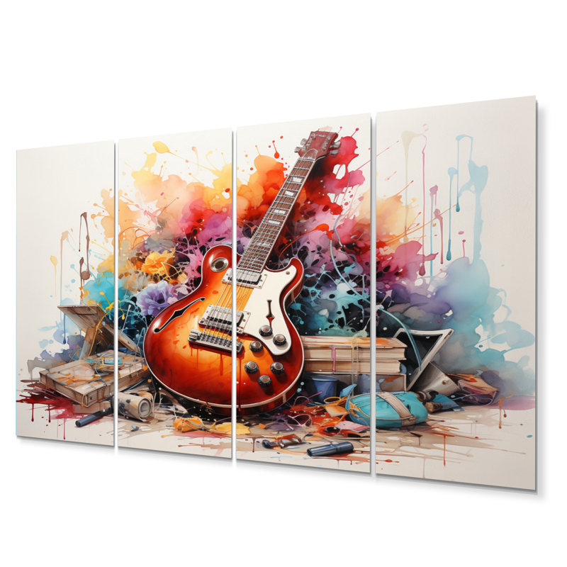 «Dry Watercolor Fire Guitare III», ensemble d'art mural en métal