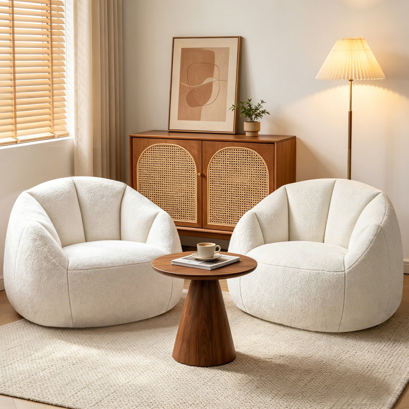 Set of 2 Oversized Compression Plush Microfiber Soft Shell Bean Bag Chair, Beige