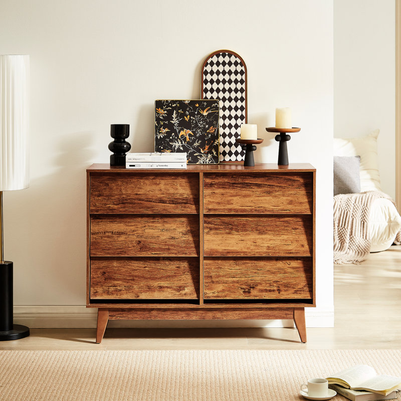 Style rétro, design biseauté, commode double 6 tiroirs, brun, rangement pour chambre à coucher, commode spacieuse