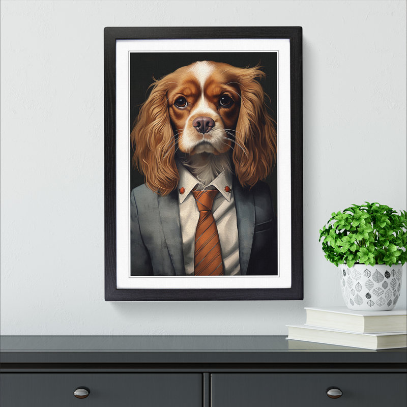 Cavalier King Charles Spaniel In A Suit Painting No.6 - Single Picture Frame Print on Wood, 46cm H x 34cm W x 2cm D